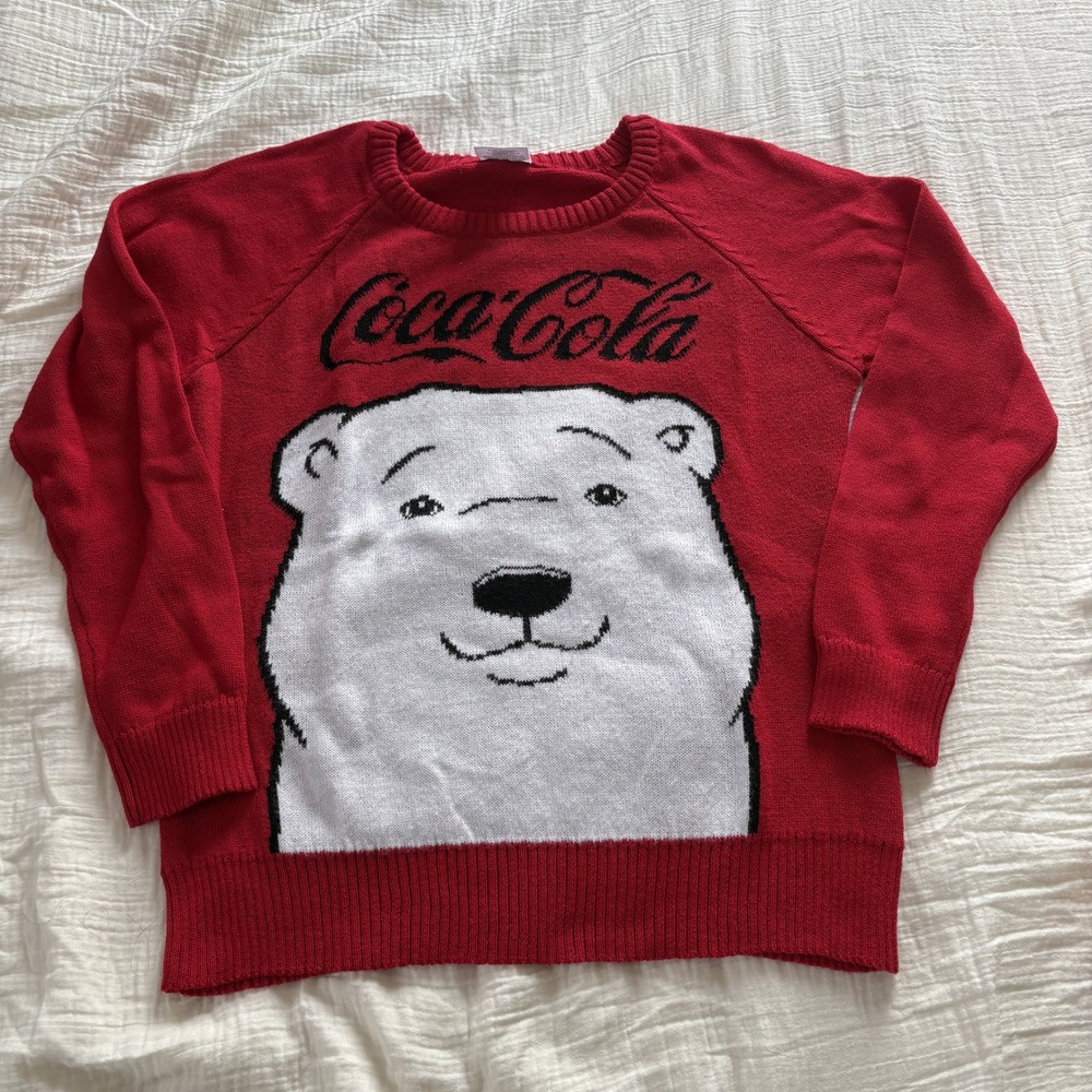 Coca Cola Sweater Polar Bear Graphic Red Holiday Crew Neck Raglan Knit L